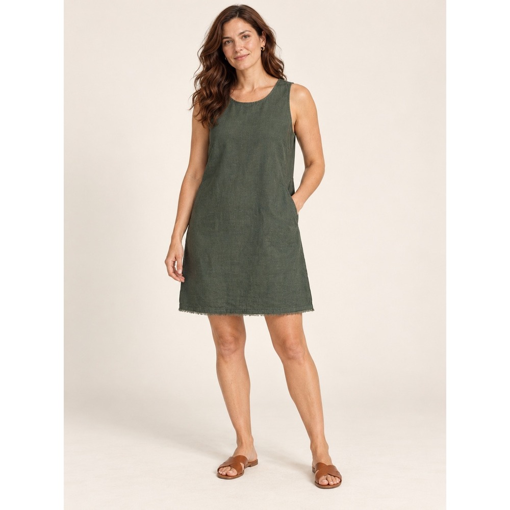 NWT Garnet Hill Harborside Linen Shift Dress 12 Green Fringe Hem Pockets